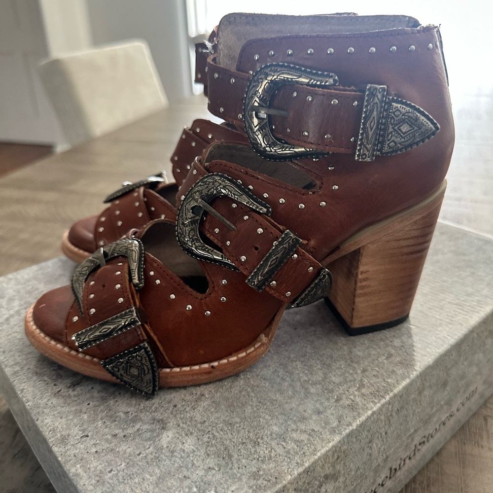 Freebird Brown Leather Heeled Sandals with Buckle Detail